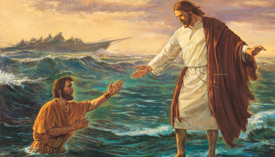 Pedro afundando nas águas enquanto Jesus oferece Sua mão
