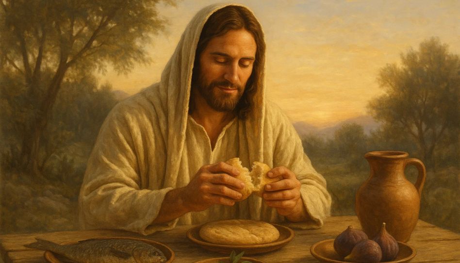jesus partindo pão enquanto está sentado em uma mesa com frutas e vinho